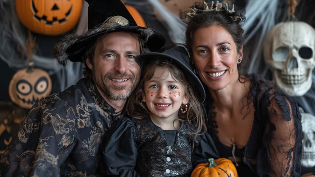 Costume Photo Booth, families posing in front of spooky backgrou