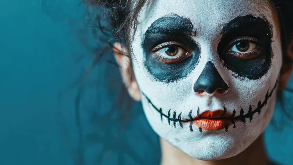 Casual Model with Skull Face Makeup Against Turquoise Background for Indoor Halloween Photoshoot