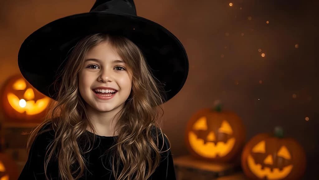 Adorable child dressed as witch enjoys Halloween evening surroun